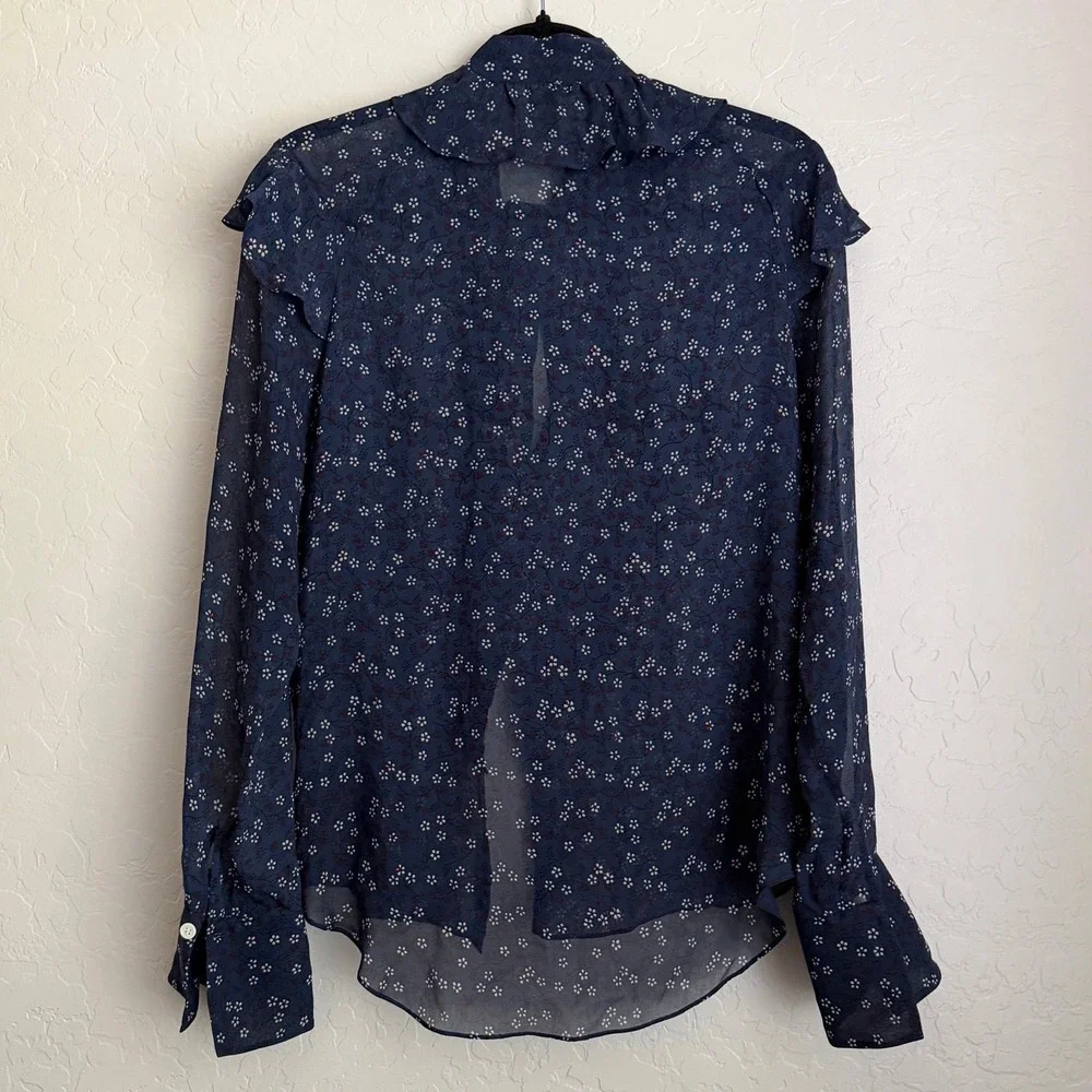 Veronica Beard Women's Finley Ruffled Tie Neck Floral Printed Blouse Navy Sz 10 - Picture 3 of 10